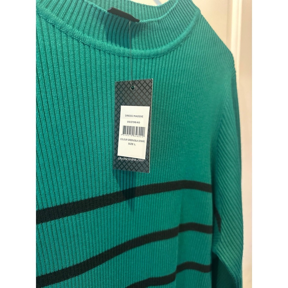 City Chic Maddie Green Black Striped Ribbed Knit Midi Sweater Dress Size L 20 - Picture 7 of 8